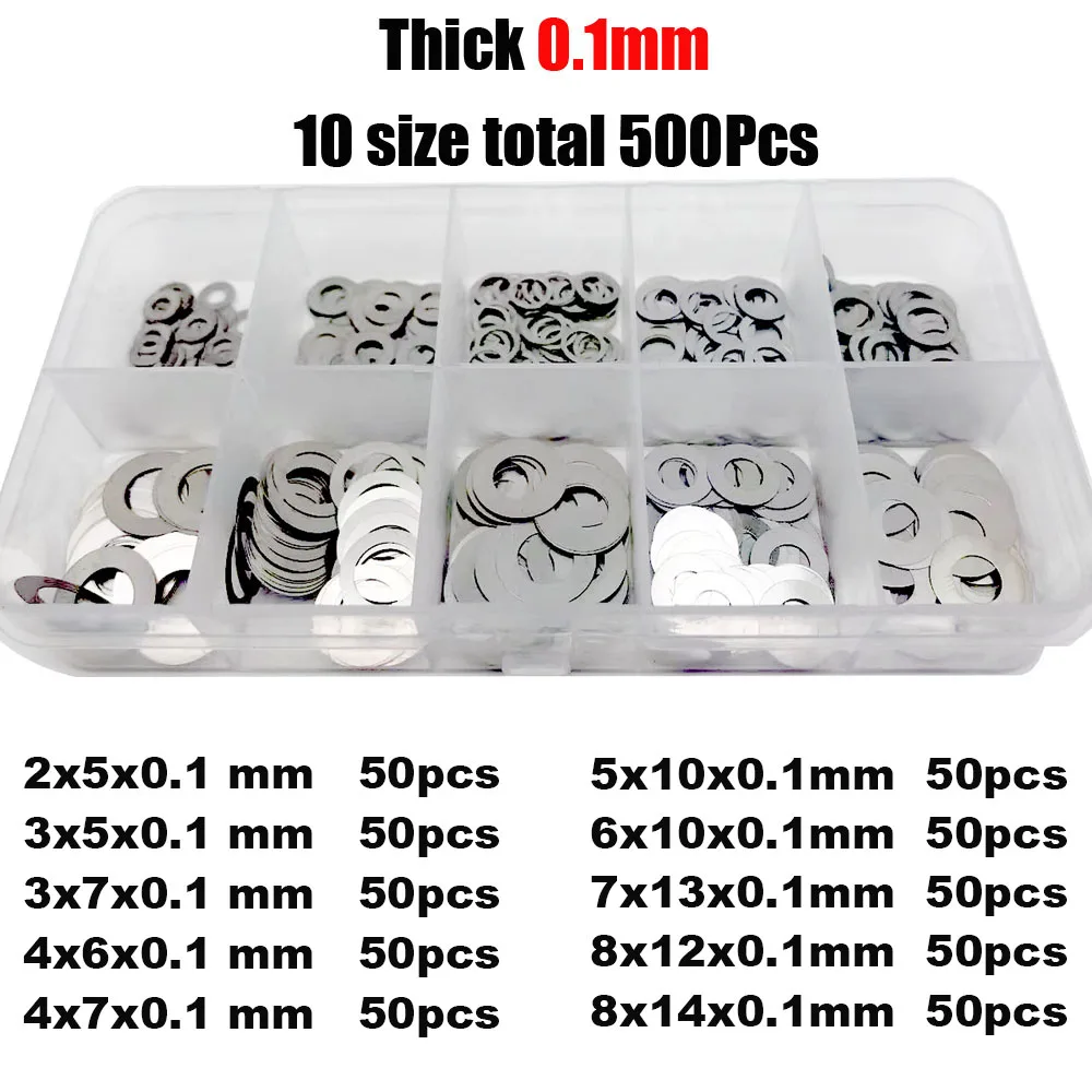 500/750/1200Pcs M2 M3 M4 M5 M6 M7 M8 304 Stainless Steel Ultra Thin Flat Washer Adjusting Shim Plain Gasket Assortment Kit Set