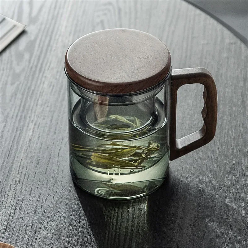 400ml Walnut Wooden Handle Glass Tea Cup With Tea Infuser Filter Flower Tea Water Separation Scented Tea Mug Drinkware