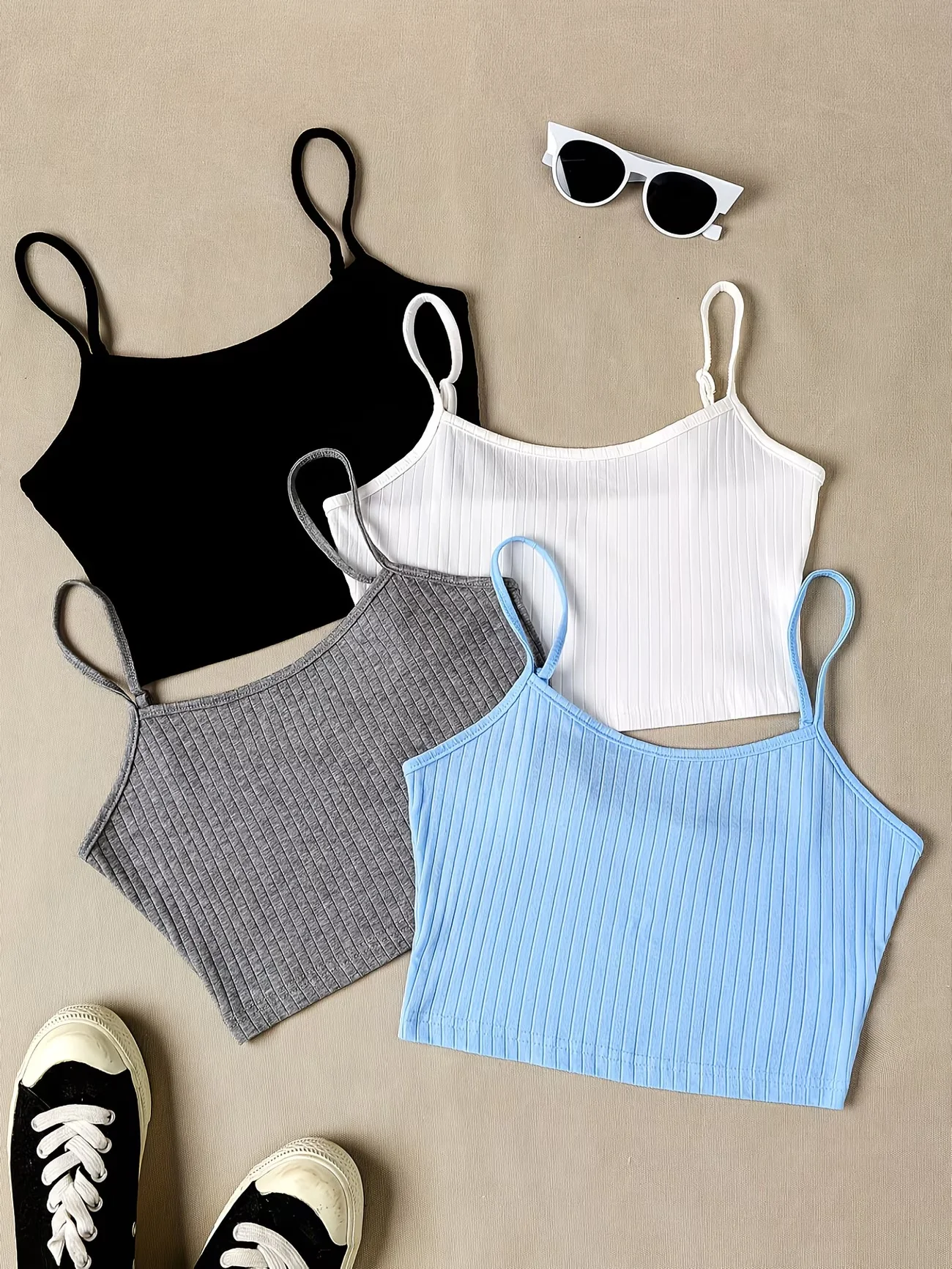 Casual Rib-Knit Camisole 4-Pack for Women - Multi-Occasion Spaghetti Strap Crop Tank Tops Set for Casual, Gym, Beach Wear