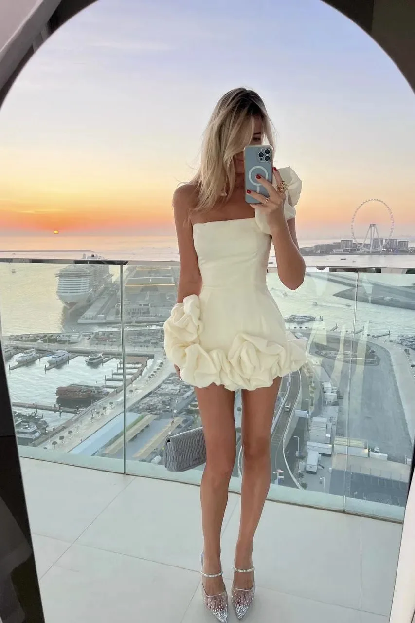 

EINY Elegant Woman White Short Dresses Ruffles Luxury One Shoulder Sleeveless Pleated Cocktail Party Evening Bodycon Mini Dress