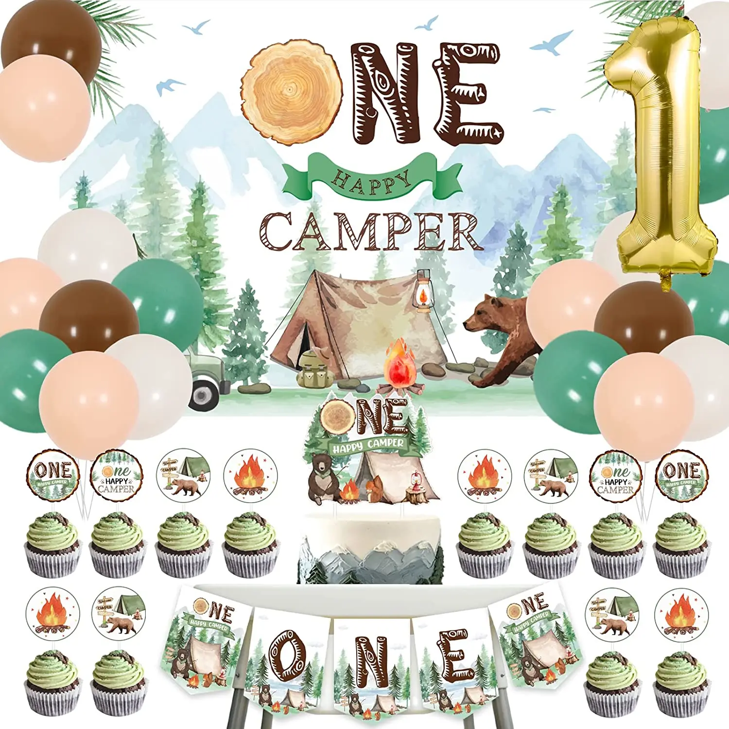 

One Happy Camper Birthday Party Decorations for Boys Camping 1st Birthday Supplies with Cake Topper Backdrop High Chair Banner