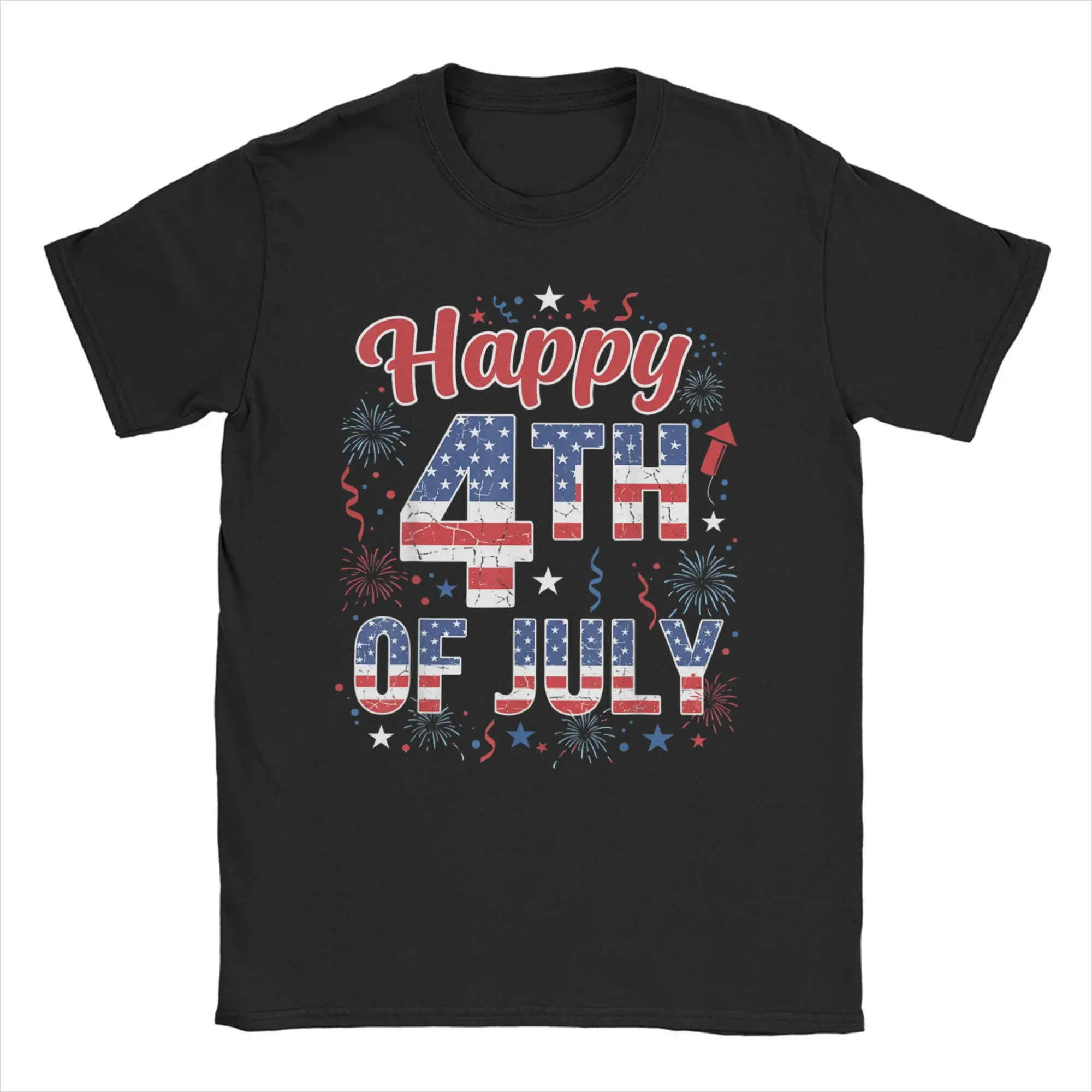 

Fireworks Happy 4th Of July US Flag T Shirt Summer Independence Day Popular T-Shirts Men Cotton O Neck Top Tees Short-Sleeve
