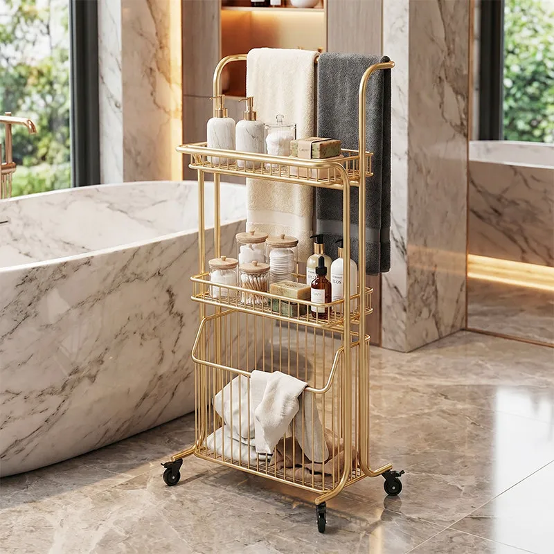 Nordic Bathroom Floor-to-ceiling Multi-functional Towel Rack Bathroom Trolley Multi-layer Storage Rack Highend Mobile Towel Rack