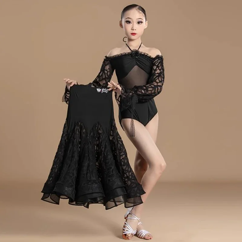 

Кружевная современная бальная детская танцевальная одежда для девочек, детское боди с длинными рукавами и большая юбка, стандартные танцевальные костюмы для выступлений