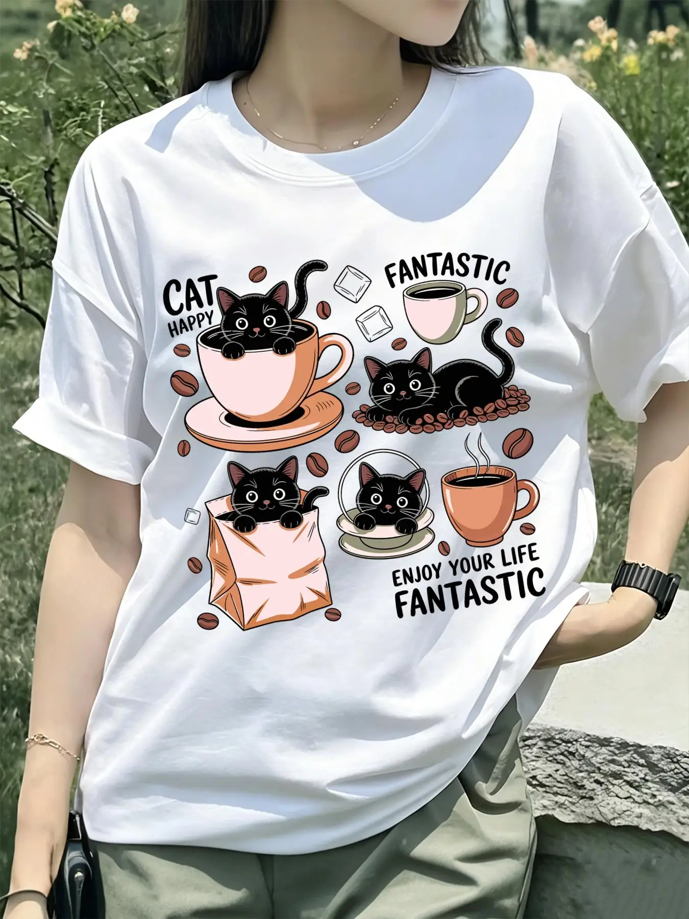 Enjoy Your Life Happy Coffee Cat Prints T Shirts Cotton T-Shirt Casual Oversized Short Sleeves Summer Y2K Women Streetwear