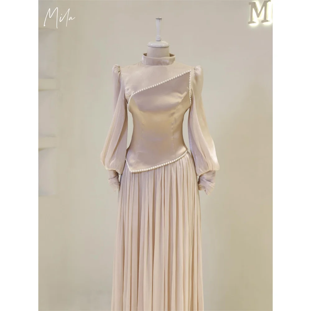 Mila Puff Sleeve Pearl Prom Dresses High Neck Draped Customized Evening Dresses Elegant Floor-Length vestidos de fiesta 2025