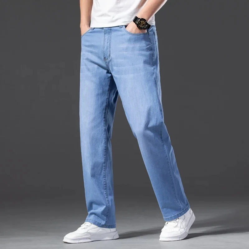 Spring Summer Men's Loose Straight Lightweight Jeans High Quality Stretch Pants Cotton Thin Denim Classic Brand Trousers 40 42