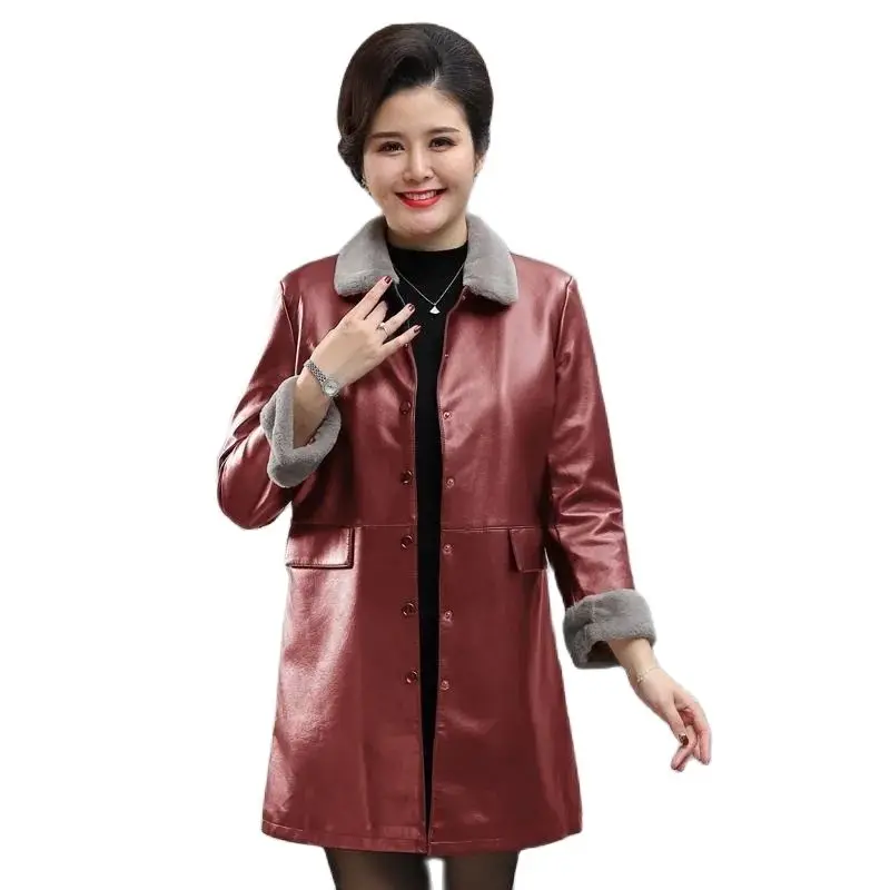 

Ladies Leather Coat New Autumn Winter Medium Long Fleece Thicken Skin Hair One Body Single-Breasted Female Pu Leather Jacket