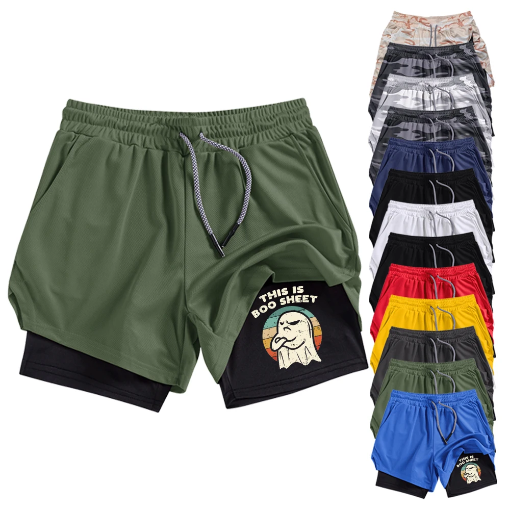 Herren Schnelltrocknende Doppellagige Fitness-Laufshorts mit Lustigem Geister-Print, Gym-Training Workout-Sportshorts mit Taschen und Innenhose