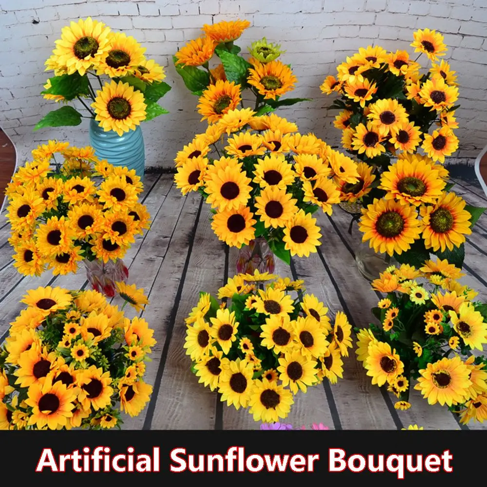 5/7/22 Heads Decorative Bright Yellow Home Decor Wedding Decoration Silk Sunflower Artificial Flower Fake Flores Bouquet