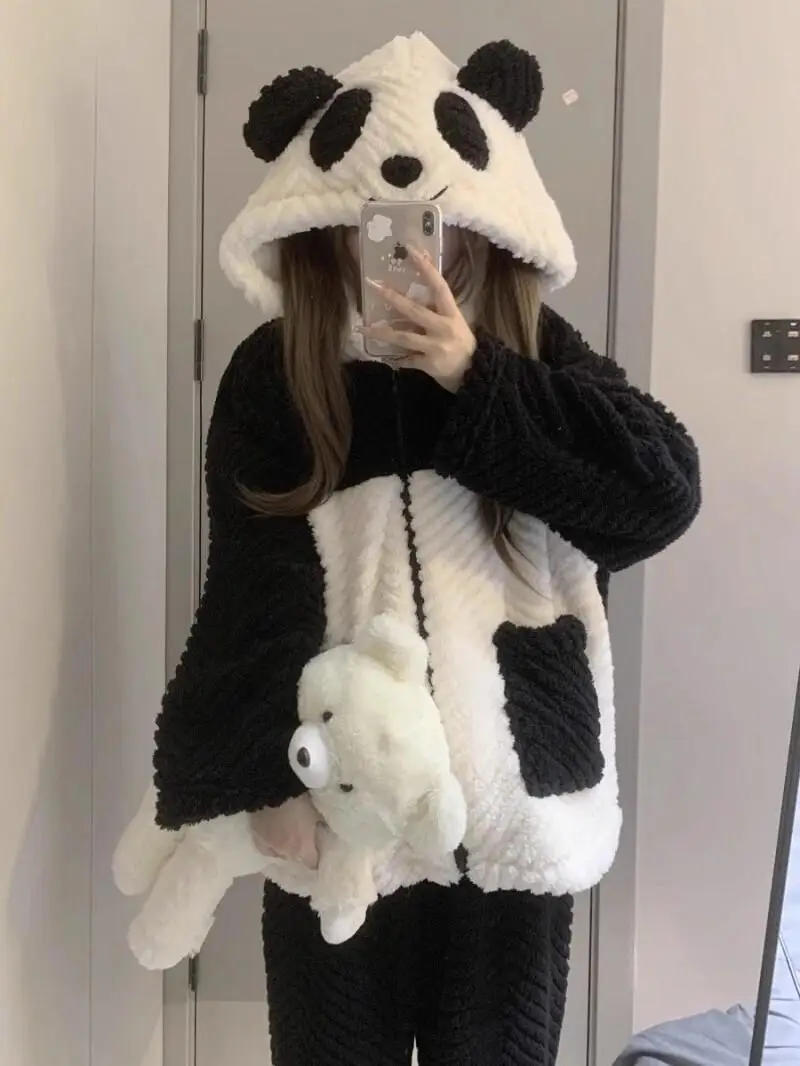 

cute Women's pajamas girl autumn winter Sleepwear panda hooded Cotton Pajama Set coral fleece new model thicken homewear suit ﻿