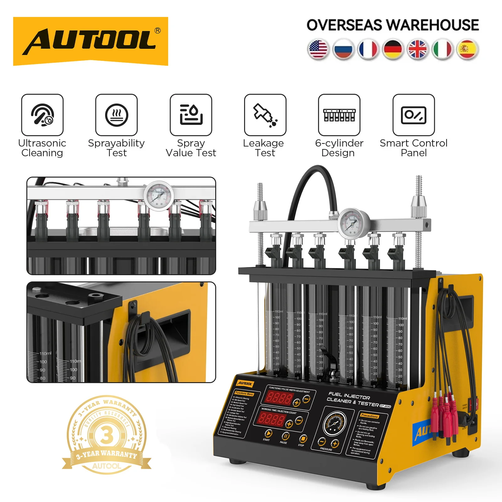 AUTOOL CT200 110V Car Motorcycle Fuel Injector Tester Ultrasonic Cleaner Nozzle Flushing Machine Support Reverse Cleaning Remove Carbon Deposit Injector Testing Tool For Auto Repair Workshop