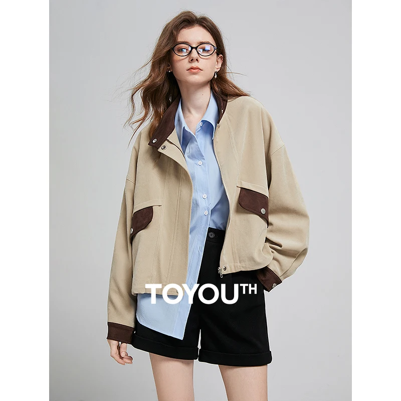 TOYOUTH Women Jacket 2025 Spring New Melad Contrasting Color Stand Collar Casual Workwear Style Short Jacket Tops