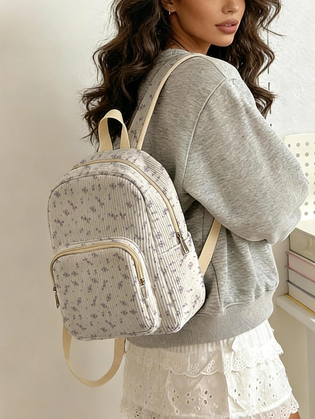 

Pastel Purple Tiny Floral Print Women Fashion Backpack Corduroy Multi-pocket Large Capacity Commuter Bag