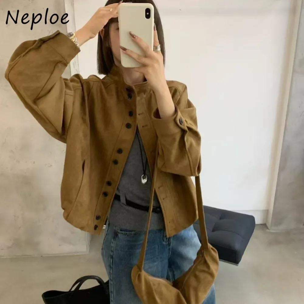 

Neploe 2025 Новое ранняя осень Veste Femme Корейское шикарное однобортное пальто с воротником-стойкой Свободная повседневная куртка в стиле мото сафари Moda