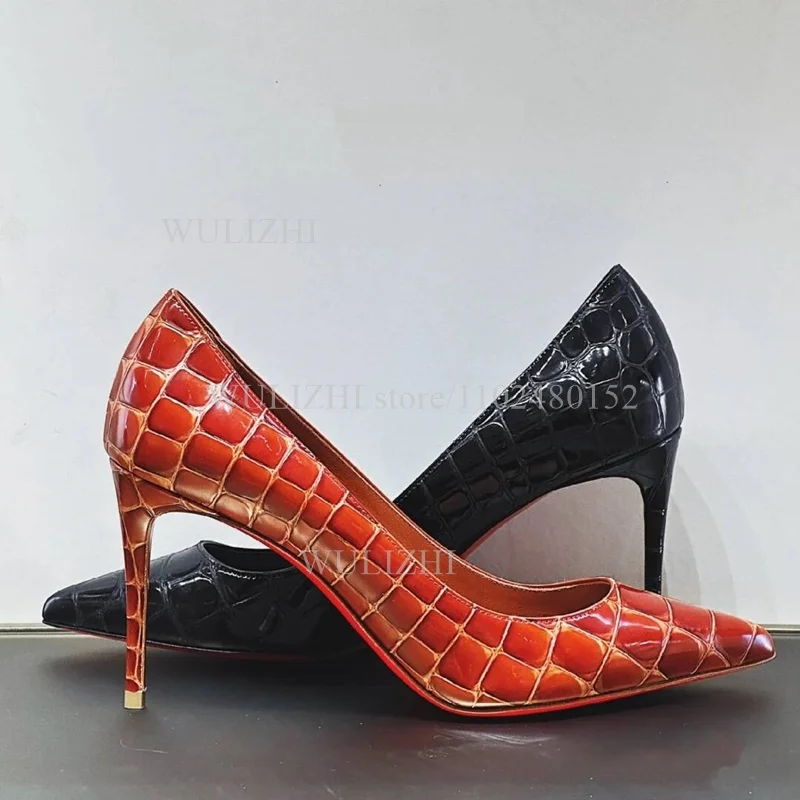 

Caramel Brown Stone Pattern Pump Women 8/10Cm Custom Heels Black Leather Matte Pointed Red Stiletto Sandals Casual Girls Shoes