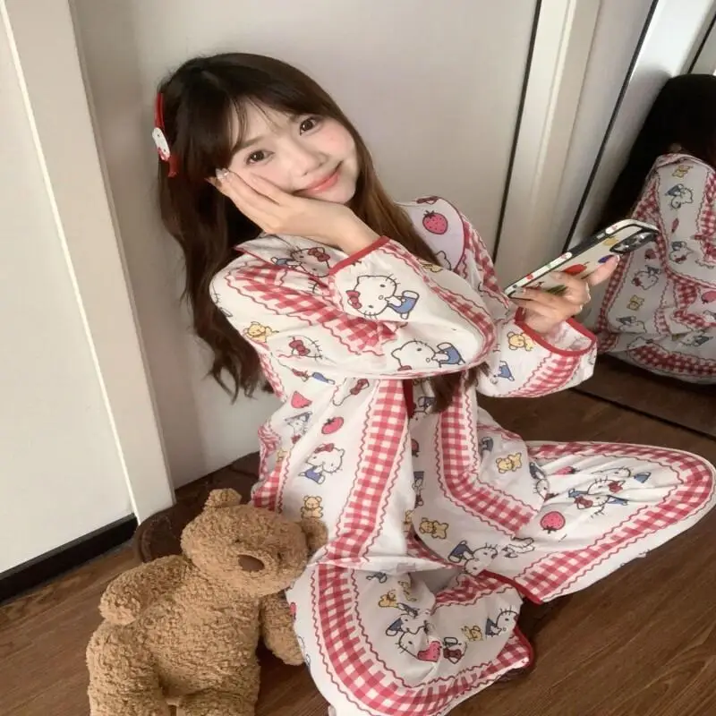 

Sanrio Hot Pajamas Hello Kitty Pajamas Sweet Style Female Spring Autumn New Long Sleeves Trousers Leisure Loose Home Clothing