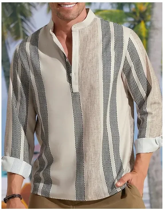 

Fashion Loose Long-sleeved V-neck Striped Positioning Print Loose Cotton and Linen Shirt