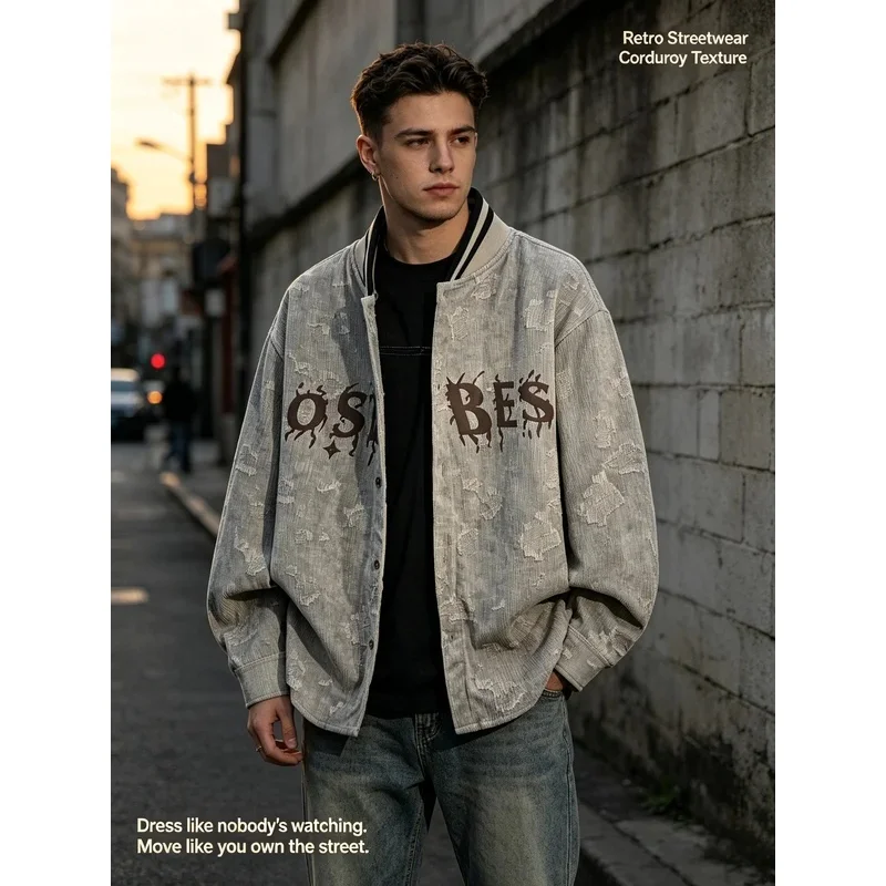Men's Vintage Jacquard Varsity Jacket, Y2K Letter Graphic Baseball Coat, Casual Streetwear Rib Collar Long Sleeve Outerwear
