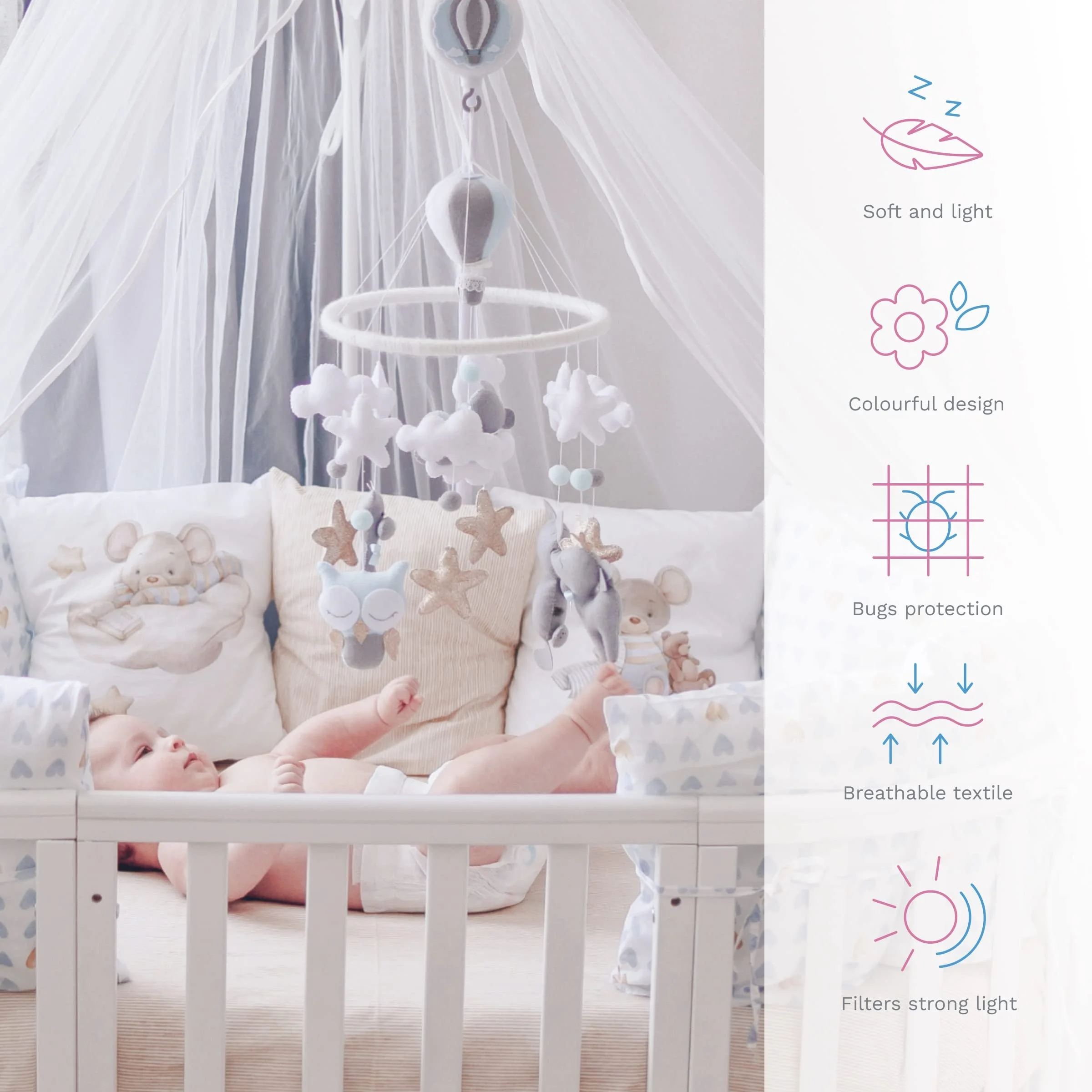 Luxury Baby Cot เตียง Crown Canopy 100% โพลีเอสเตอร์ตาข่ายผ้าม่านเตียงเด็กเต็นท์ข้างเตียงเด็ก