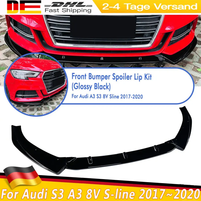 Glänzend schwarzer Frontstoßstangenlippen-Splitter-Spoiler im Maxton-Stil für Audi S3 A3 8V S-Line 2017~2020 Frontstoßstangenlippen-Spoiler-Splitter-Diffusor-Canards Tuning