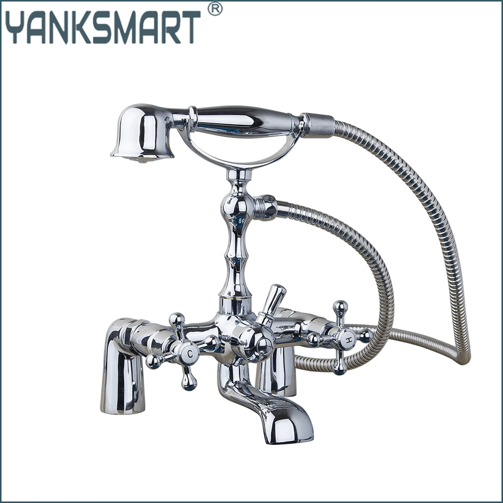 

YANKSMART Роскошный смеситель для ванны в телефонном стиле, монтируемый на палубе, ванная комната Torneira, хромированный польский смеситель с двойными ручками, смеситель для раковины, водопроводный кран