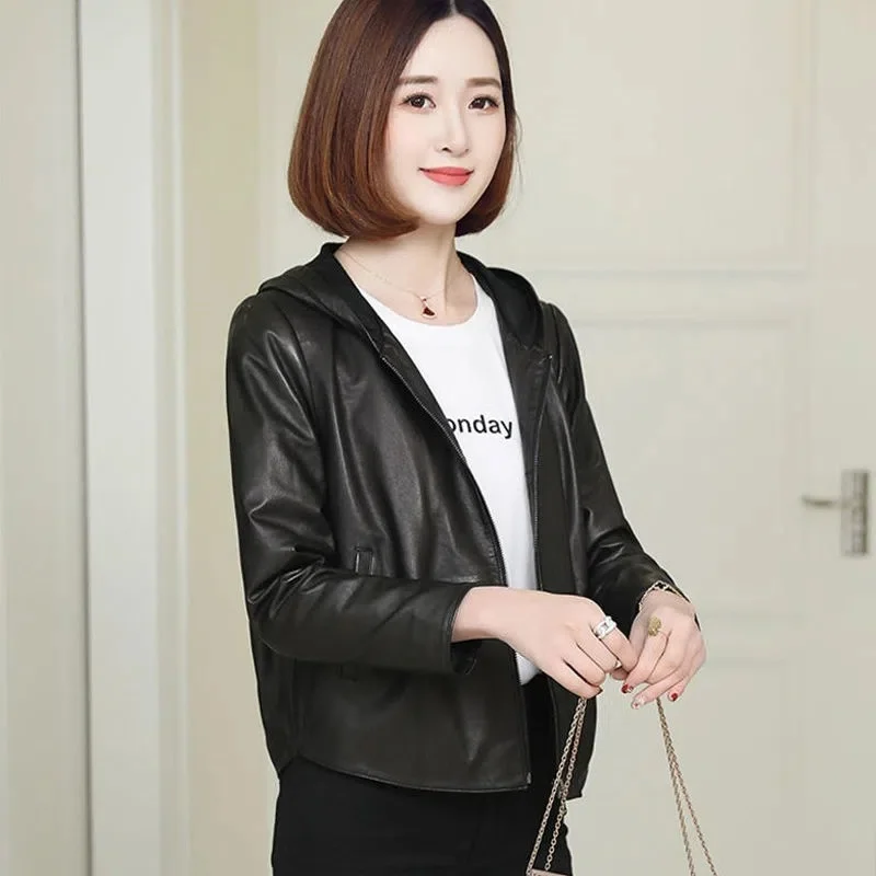 Fashion Unsplitting Skin Short Leather Coat Female NEW 2023 Women\'s Motorcycle Jacket Spring Autumn Korean Version Outerwear