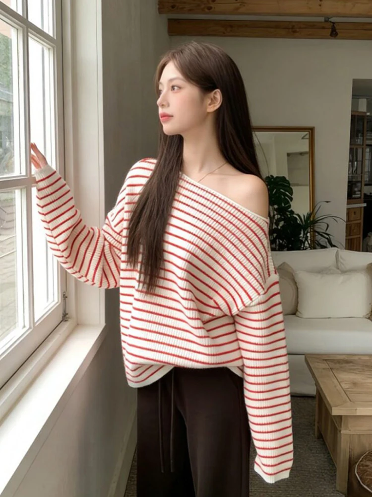 Off Shoulder Sexy Striped Sweater Women Lazy Wind Sweet Fashion Loose Knitted Jumper Casual Long Sleeve Chic Streetwear Pullover