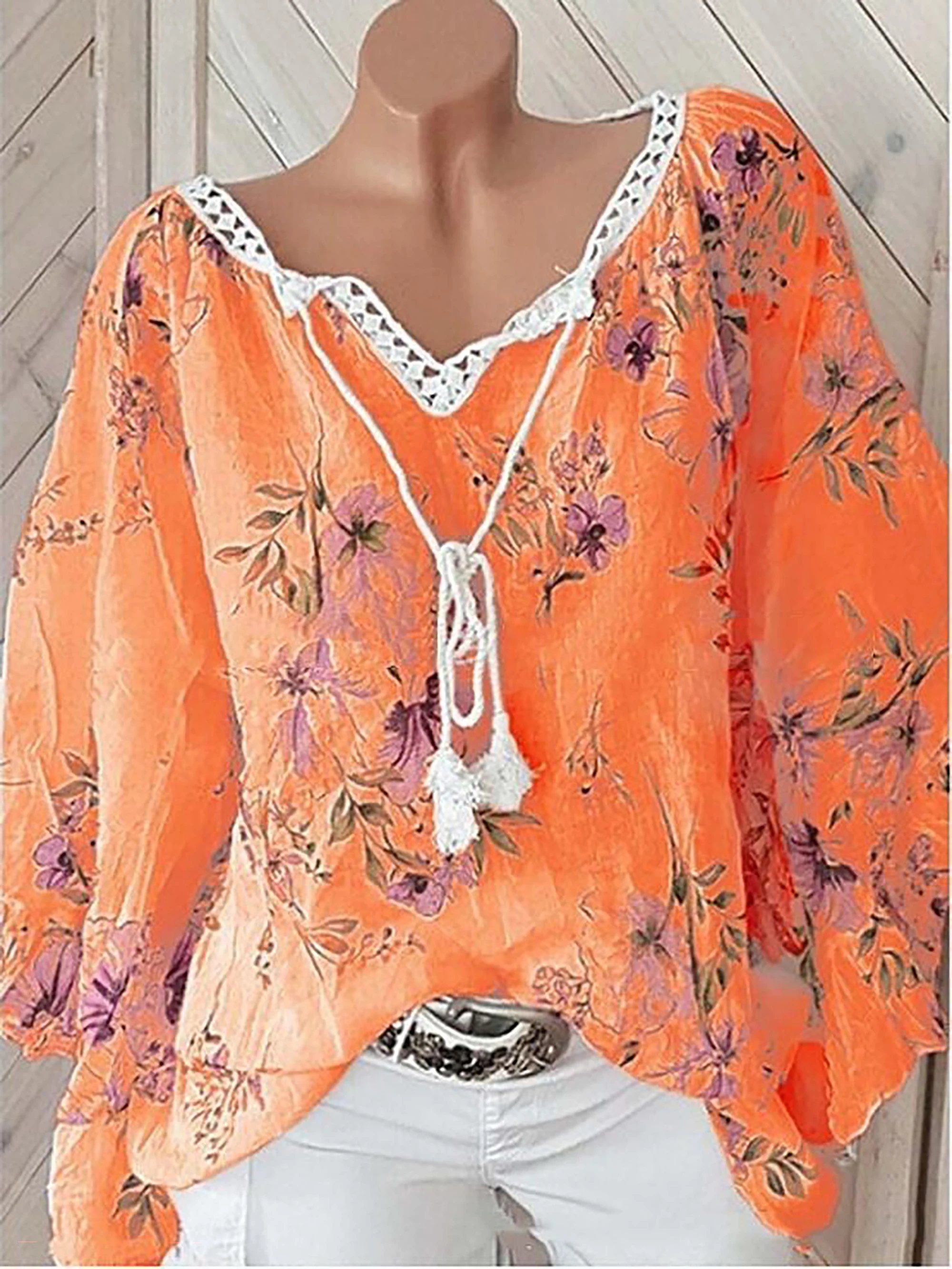 2024 Europe and the United States spring and summer new women\'s top V-neck splicing print large size long-sleeved shirt women