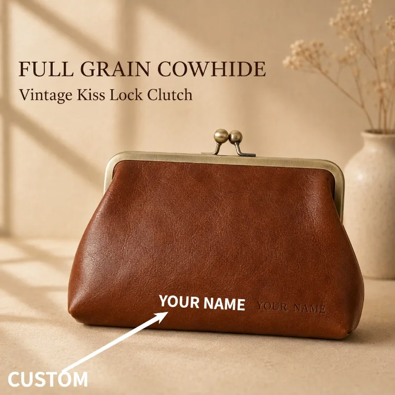 Full Grain Leather Kiss Lock Clutch Bag Vintage Vegetable Tanned Cowhide Coin Purse Cosmetic Phone Pouch Handmade Engraving