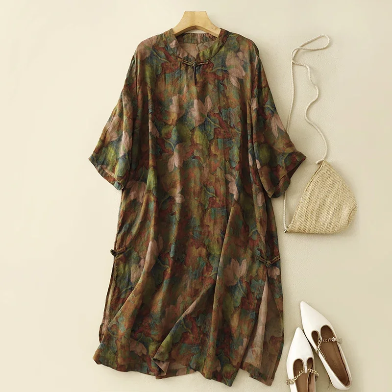 

Cotton Linen Women's Clothing 2024 Summer New Ramie Print Vintage Stand Collar Half Sleeve Loose Casual Shirt Dress R321