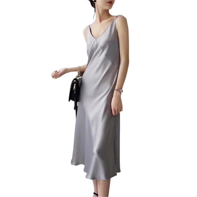 High Quality Elegant A-Line Long Dress Fashion Chic Women Ice Silk Satin Vintage Dress Sleeveless Loose Party Dresses Vestidos