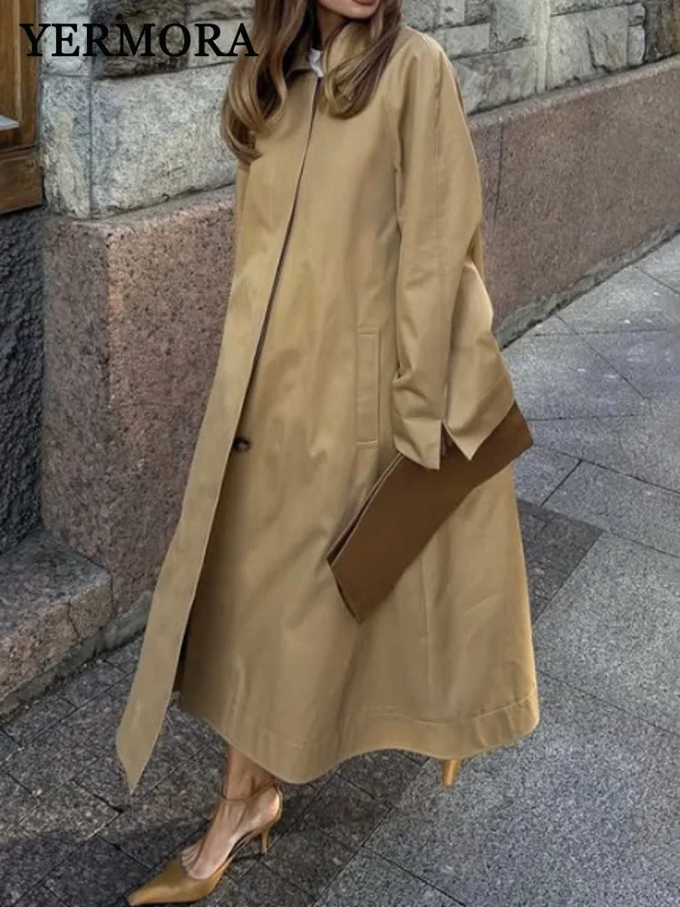 

YERMORA Khaki Button Brief Casual Trenc For Women Lapel Long Sleeve Loose New Windbreaker Fashion Tide Spring Autumn 2025