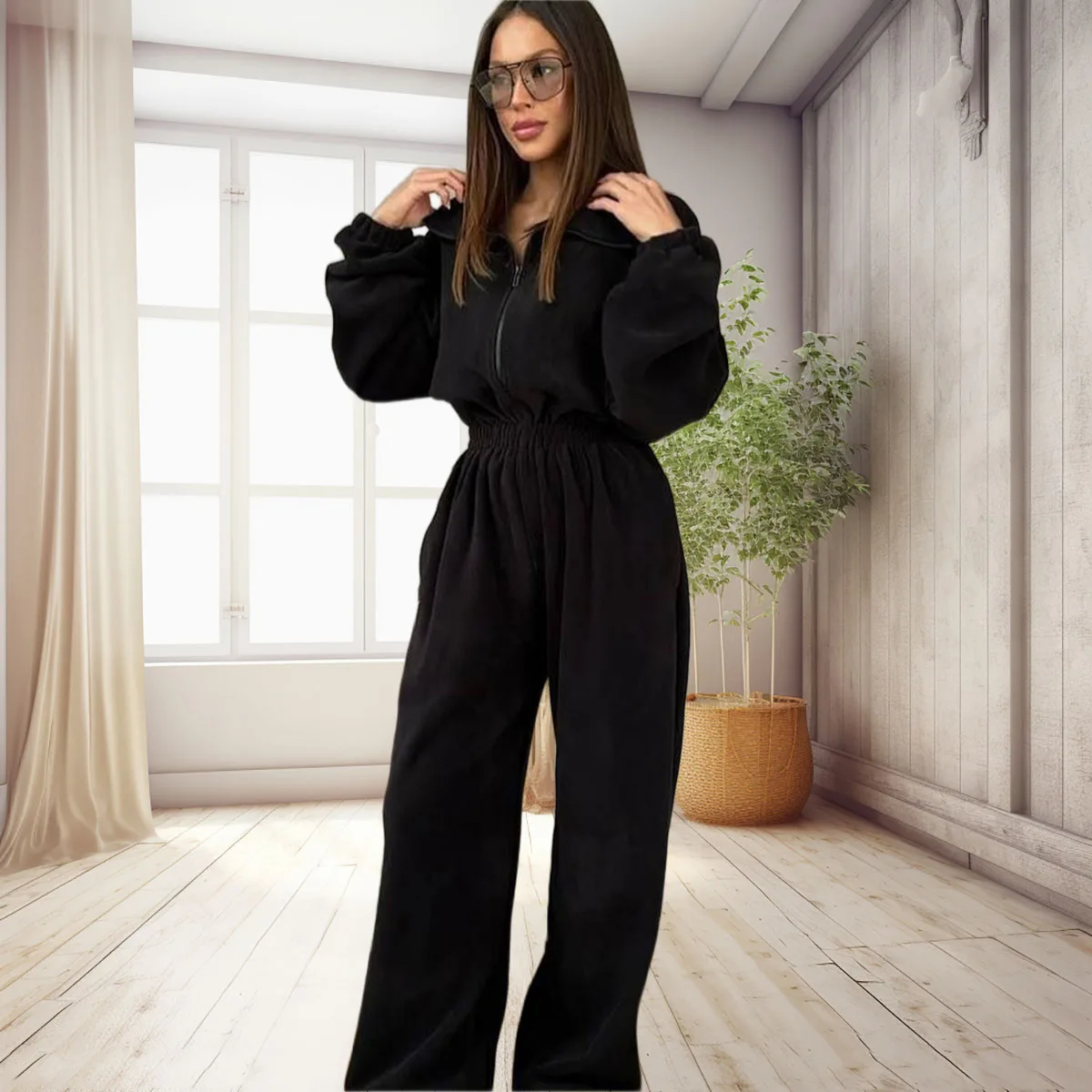 여성용 패셔너블하고 캐주얼한 롱 점프수트, 지퍼 팬츠로 봄, 가을, 겨울에 편안하게 착용 가능