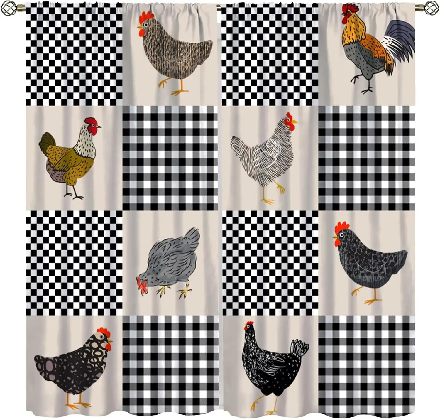Vintage Farm Chicken Check Patchwork Blackout Rod Pocket Curtain Hen Rooster Gingham Chic Decor Dreamy Homestay Bedroom Rest Bay