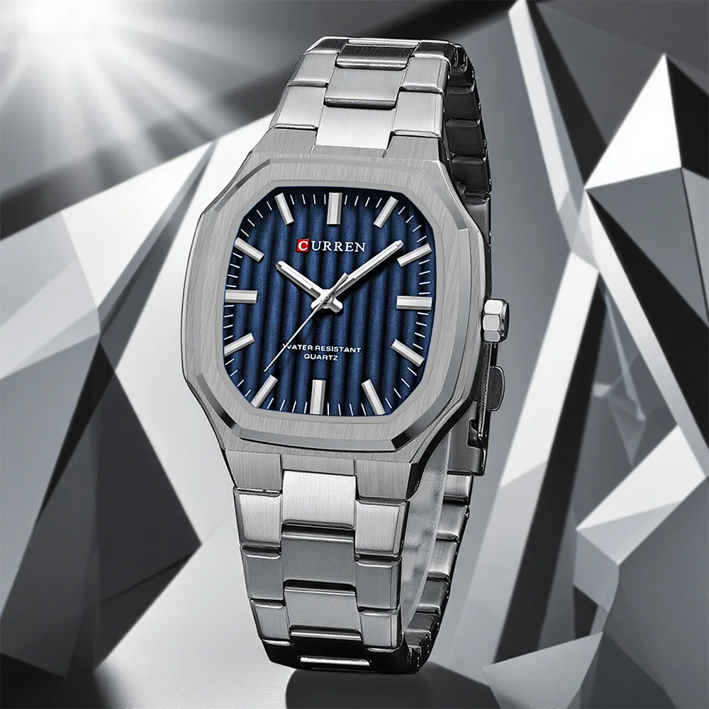 CURREN carré décontracté montres pour hommes horloge à Quartz Bracelet en acier inoxydable Simple montre-Bracelet d'affaires avec aiguilles lumineuses