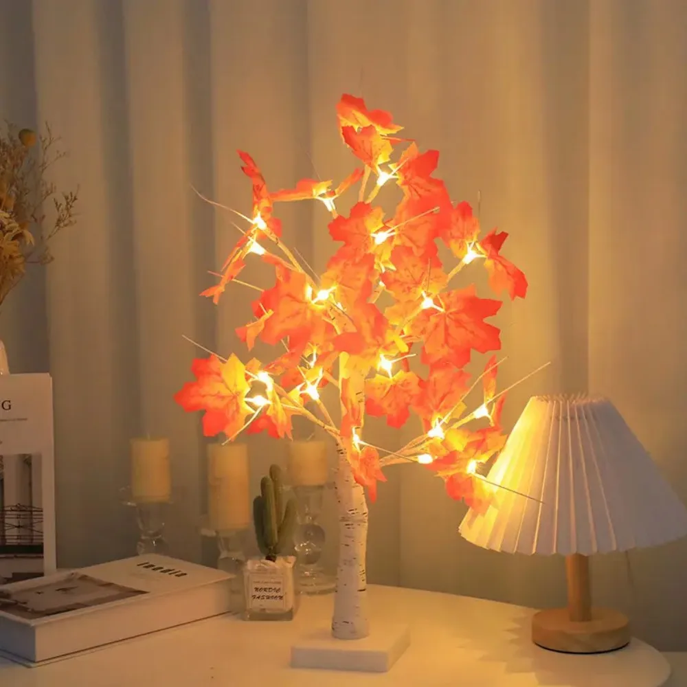 1PC 24LED Halloween Red Maple Tree Light, Battery Box (Without Battery), Suitable for Home, Wedding, Indoor, Party Decoration