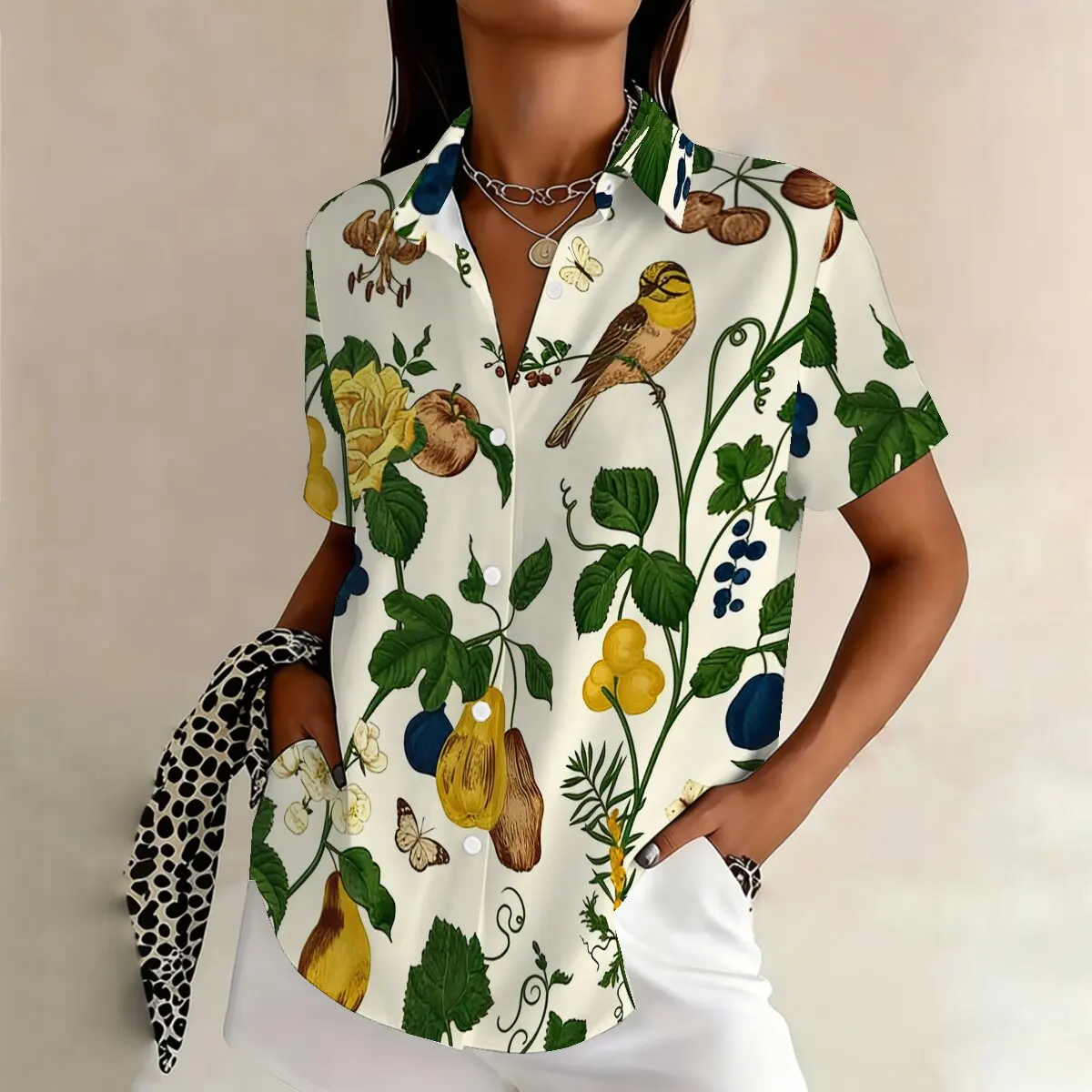 

Summer plus-size women's short-sleeve shirt with flower and bird prints, fresh pastoral style,casual and trendy for outdoor wear