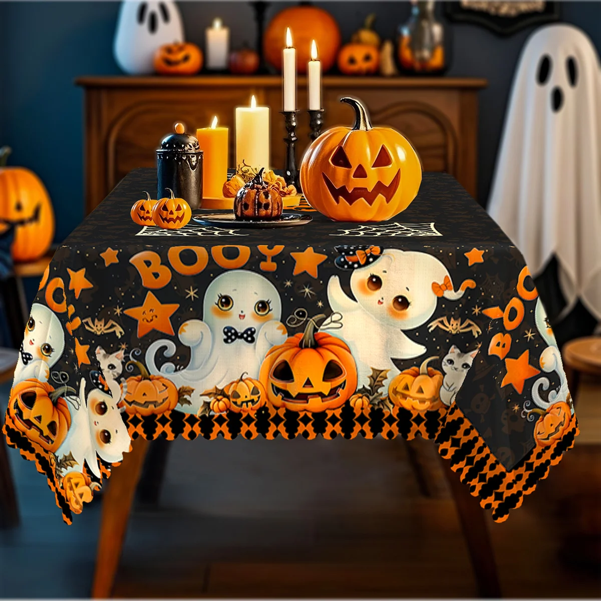 Single pack, Halloween, Day of the Dead tablecloth, black decoration, ghost and pumpkin and star patternszyc