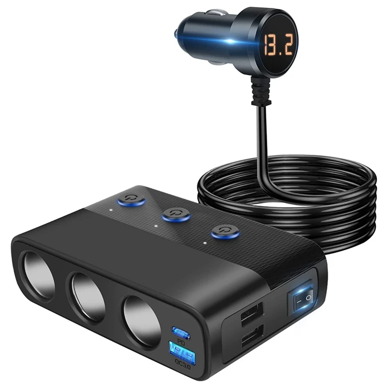 A35Q-7 In 1 Car Charger Adapter Splitter, 3 Socket Power 12V/24V, Type-C And 2 USB Charging Ports, LED Voltage Display