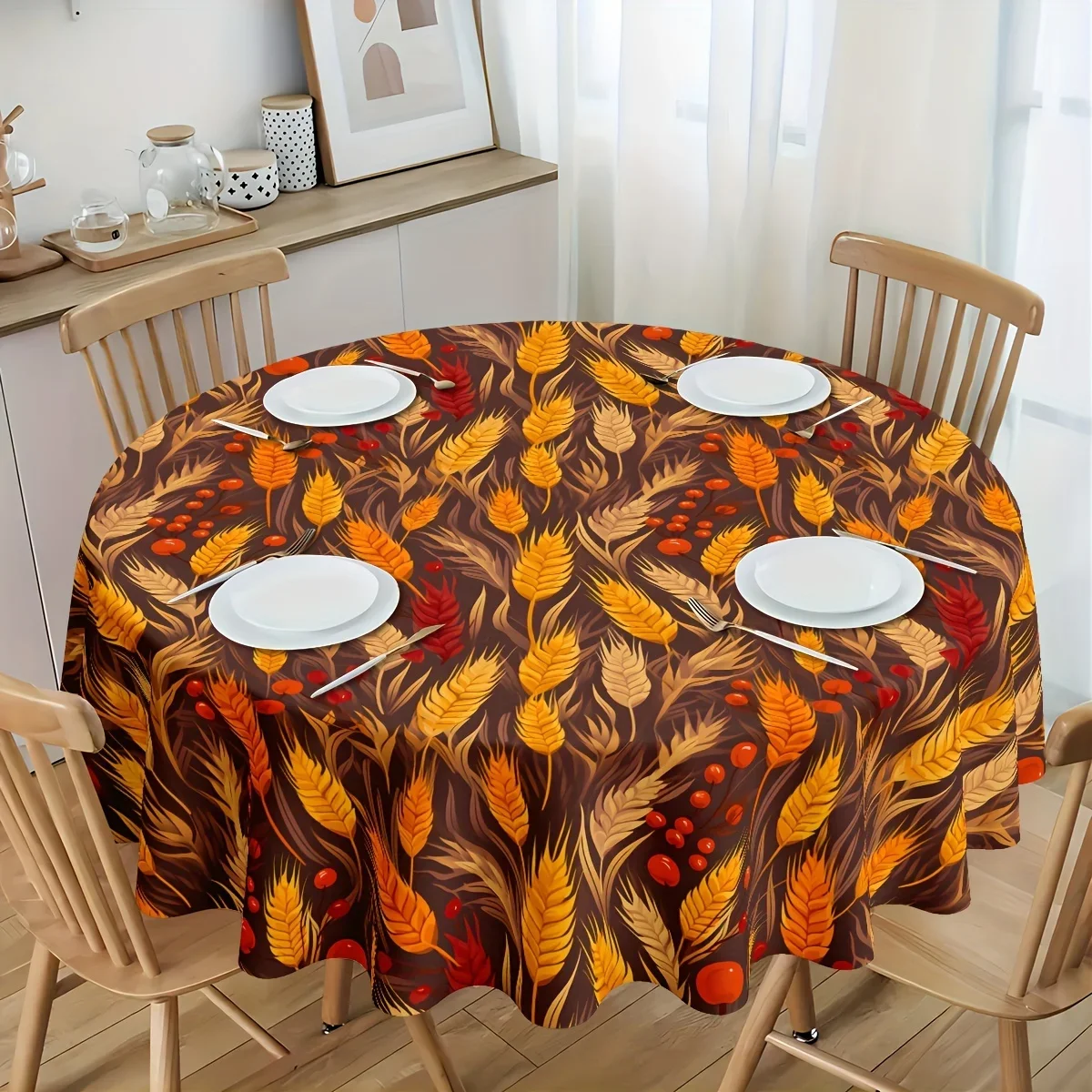 1pc Fall Thanksgiving Tablecloth - Vibrant Design of Autumn Harvested Wheatxzj
