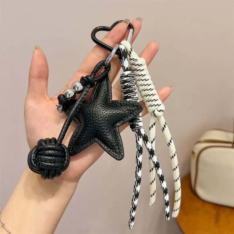 PU Leather Five Pointed Star Bag Pendant Woven Rope Hanging Leather Star Keychain Ins Sporty Style Star and Ball Pendant