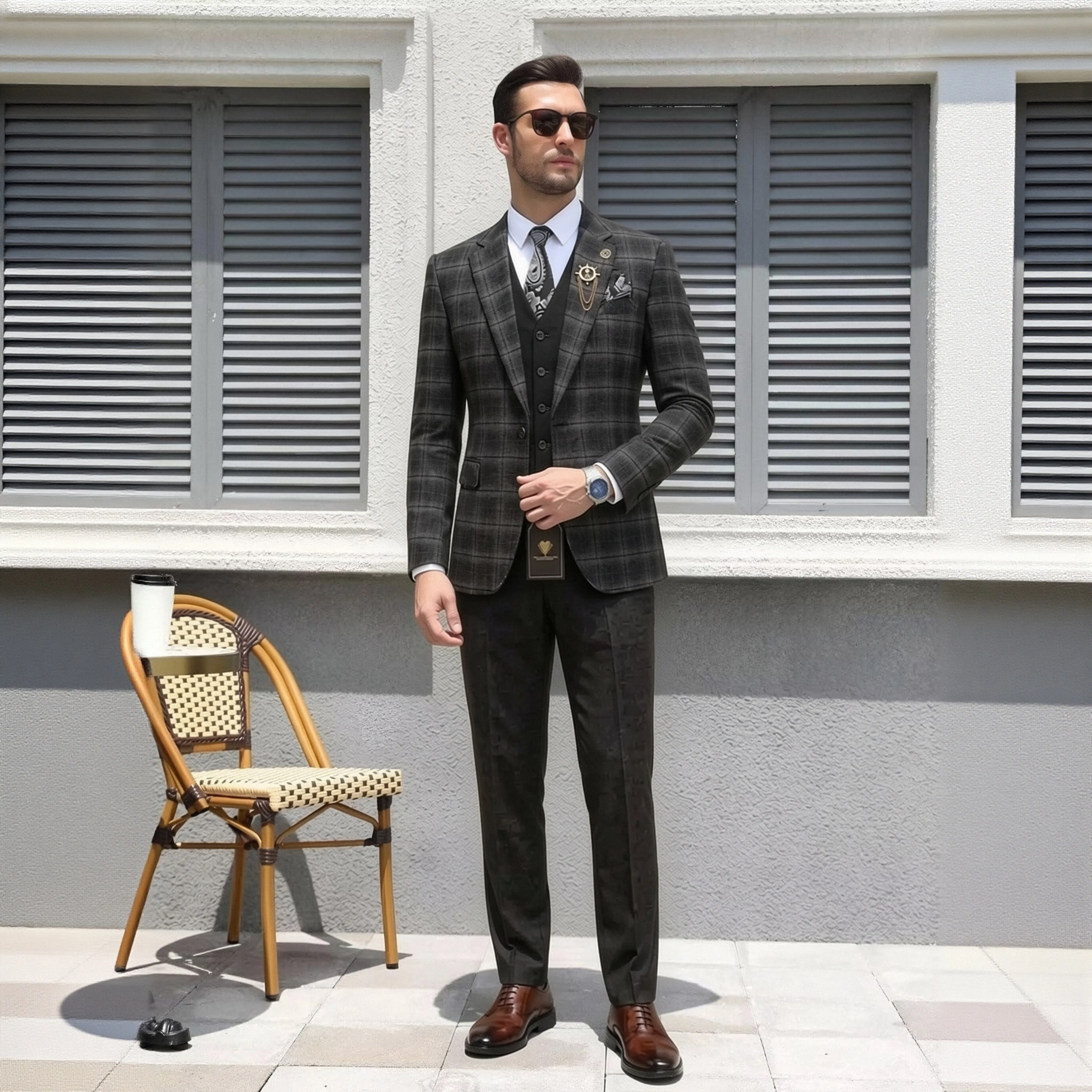 

Custom Men's 3 Piece Suit, Khaki Jacket with Brown Waistcoat Pants Set, Slim Fit Formal Business Wedding Tuxedo