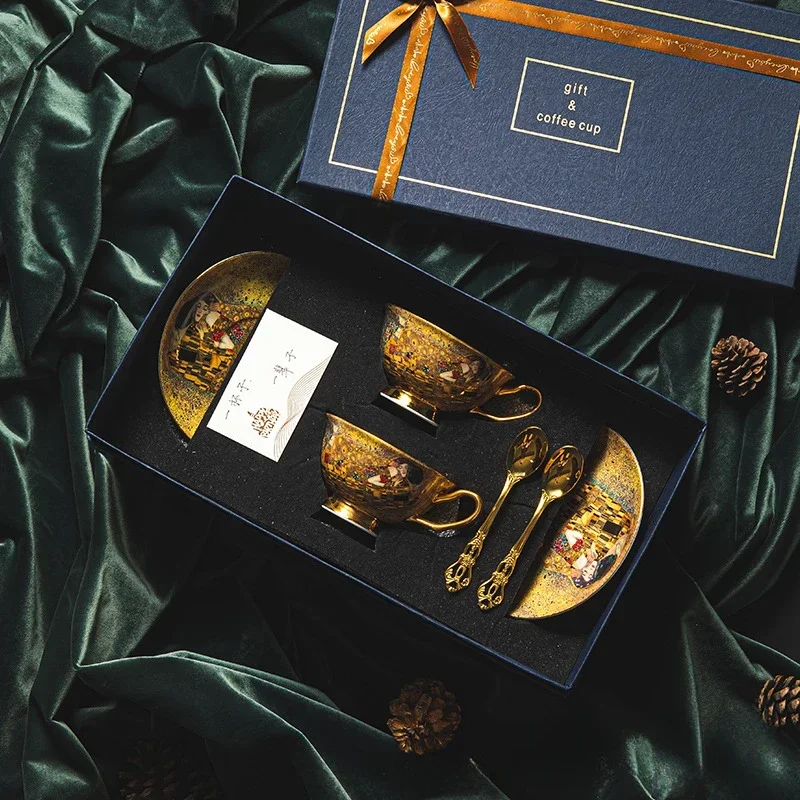 

Bone China Coffee Mug Set, Ceramic Tea Set, Klimt Kiss, Luxury Gifts, Porcelain Drinkware, Tea Cups with Spoon Tray, Gift Box