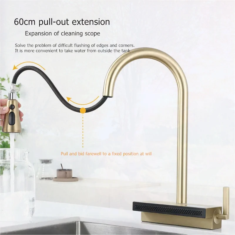 NEW Stainless Steel Pull-out Kitchen Faucet, Cold And Hot Digital Display, Waterfall Water Outlet, Multifunctional Sink Faucet