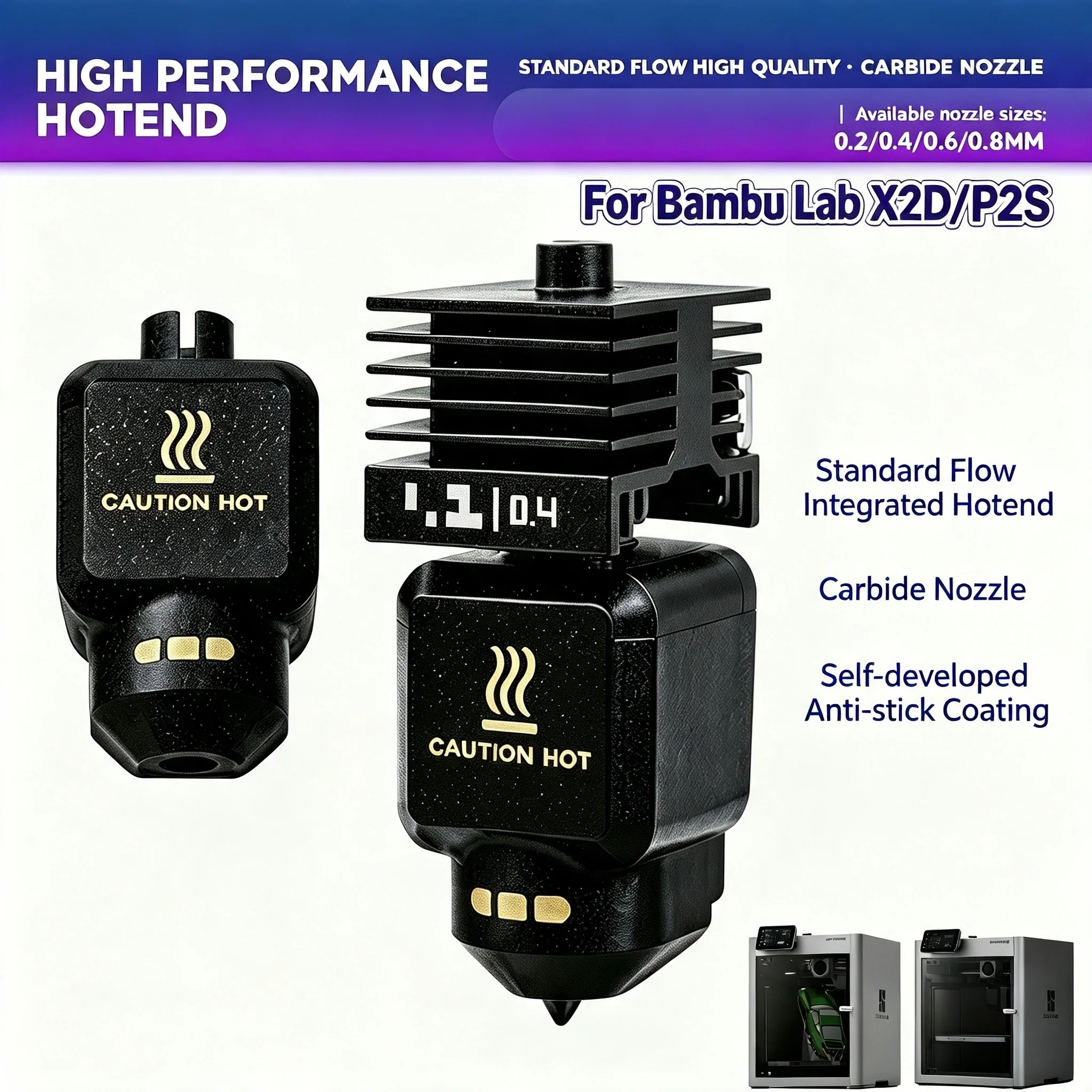 Upgrade Anti-stick P2S/X2D Hotend For Bambu Lab  Standard Flow Hotend One-piece nozzle 0.2 0.4 0.6 0.8 Hotend kit