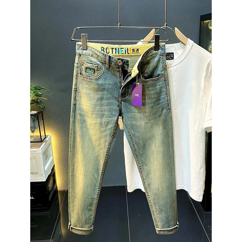 Nuovo marchio di moda casual americano da uomo in denim sottile di alta qualità dritto fit elastico imbottito blu versatile pantaloni in denim