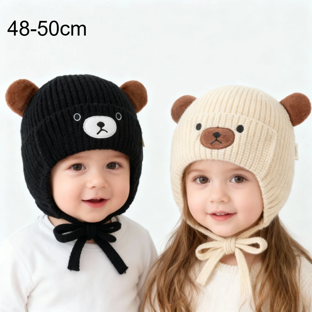

48 Boys Bear Animal Beanie Hats 48-50cm Children Thick Cute Caps Girls Winter Warm Windproof Cap Kids Knitted Cold Proof Hat