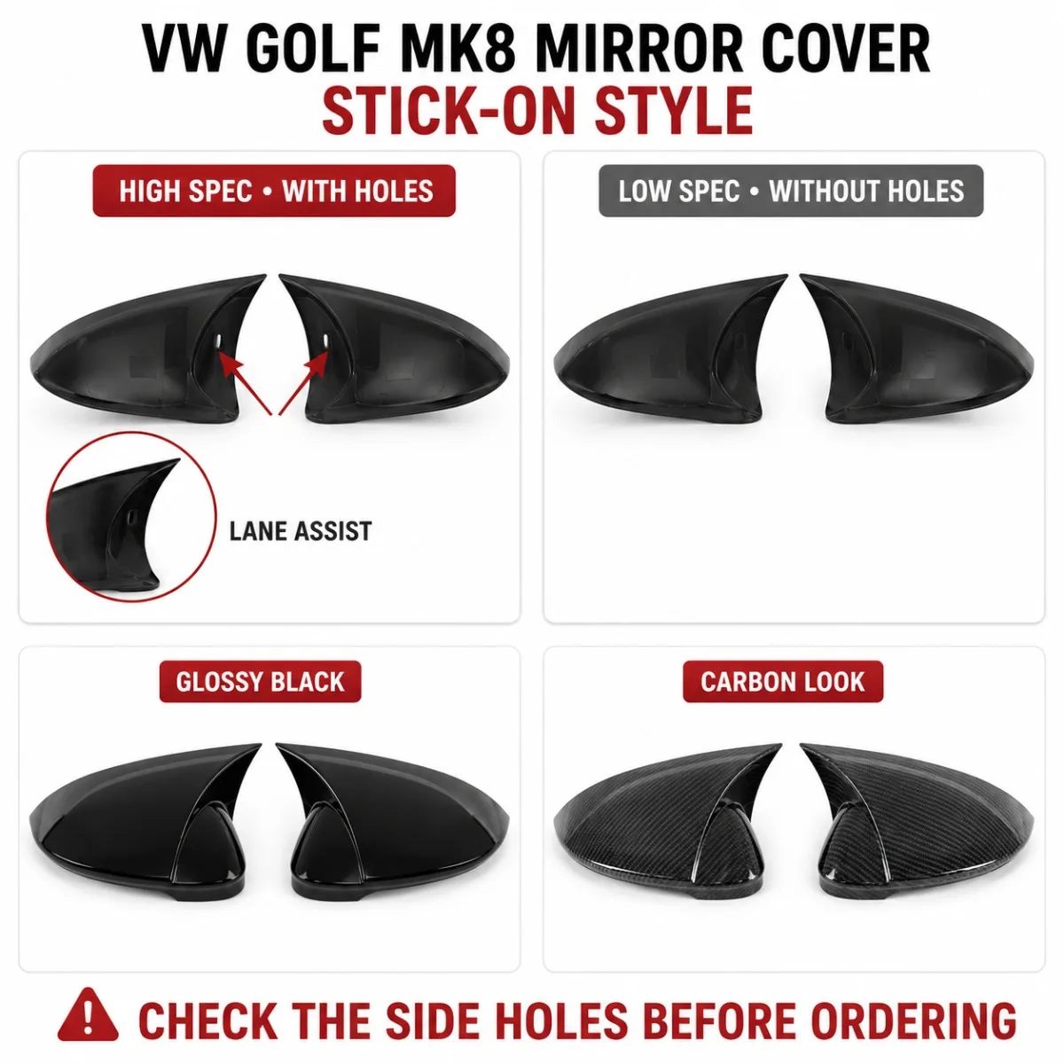 Glossy Black/Carbon Look Add-on Side Wing Rearview Mirror Cover Cap For Volkswagen VW Golf 8 MK8 VIII 8R R GTI GTE GTD 2020-2024