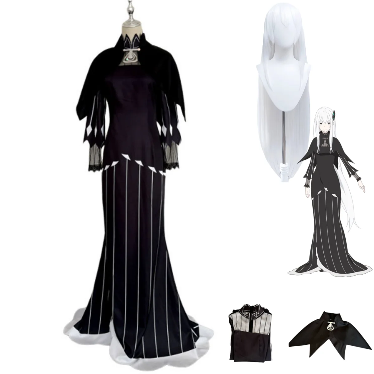 Anime Re: życie w innym świecie od zera Echidna przebranie na karnawał czarownica peruka czarna długa sukienka szal kobieta seksowny kostium karnawałowy